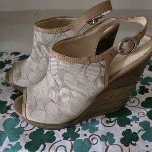 Coach Tan and Cream Wedge Sandals